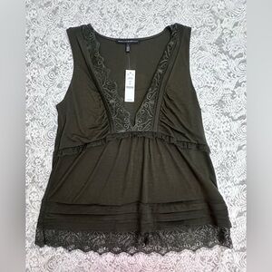 White House Black Market Olive Green Lace Trim Sleeveless Top L NWT
